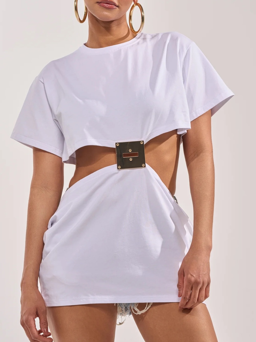 White Statement Tee with Gold Buckle Detail